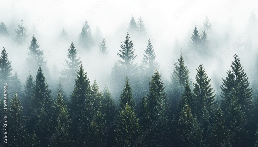 Aufkleber misty evergreen forest with sunlight filtering through the trees