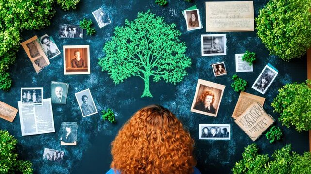Woman explores family tree with vintage photos and documents on dark background