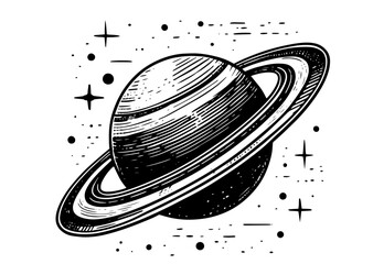 saturn-like planet with rings in black and white illustration © Luka