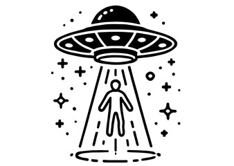 ufo abduction illustration in black and white with cosmic elements © Luka