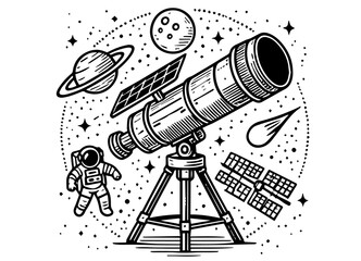 artistic space-themed illustration with telescope and solar system details © Luka