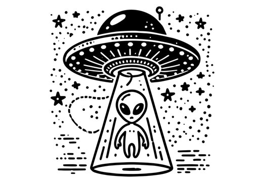 alien abducted by ufo in black and white illustration