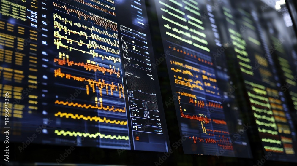 Aufkleber Close-up View of Multiple Digital Displays with Data and Charts