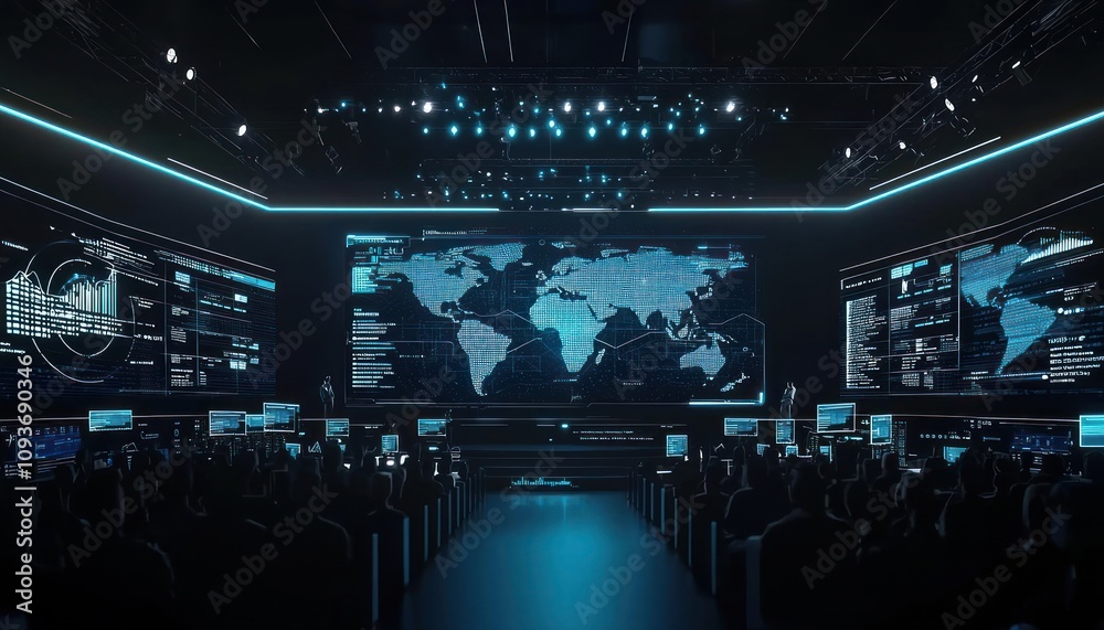 Aufkleber A Dark Room with a Digital World Map Displayed on a Large Screen