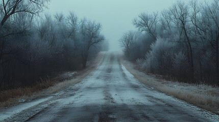 Obraz premium A silent winter road disappearing into the distance flanked by frost-covered trees.
