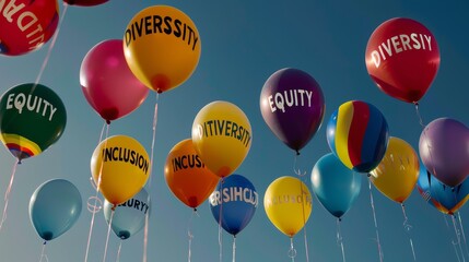 an innovative visual narrative featuring the words DIVERSITY EQUITY INCLUSION rendered as a series of floating balloons
