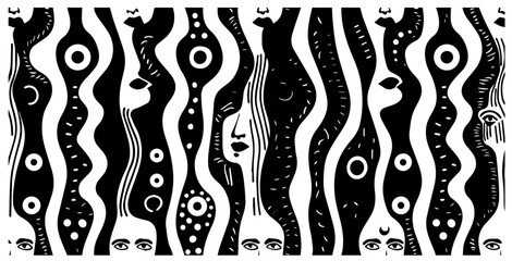 artistic sketch of abstract eyes on wavy striped texture