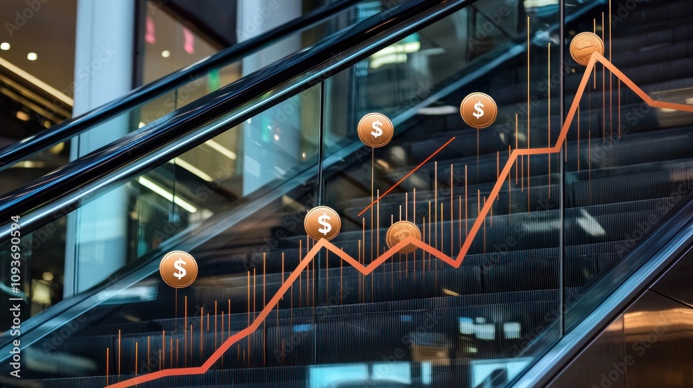 Poster escalator with a gold coin line graph