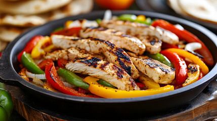 A sizzling plate of fajitas with grilled chicken sautéed peppers and onions served with warm tortillas.