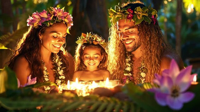 Joyful family gathering in tropical paradise with candlelight and floral crowns