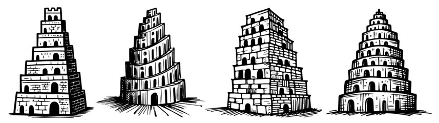 Fototapeta premium hand-drawn illustrations of ancient tower structures with unique designs