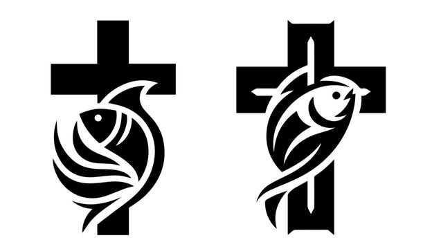 hand-drawn christian fish and cross designs – black vector