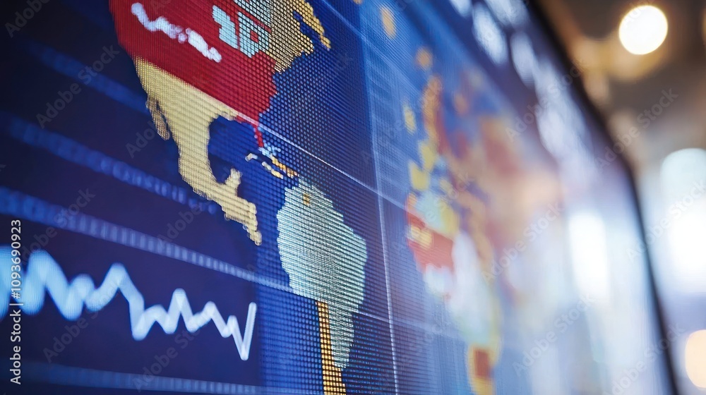 Poster A World Map Displayed on a Digital Screen with Blurred Background