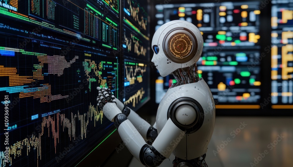 Poster A humanoid robot analyzing data displayed on a large screen