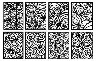 stylized black and white decorative patterns with spirals and flowers