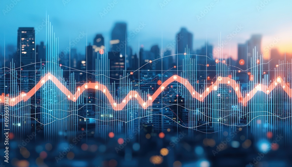 Poster a red line chart overlaying a nighttime cityscape with blue vertical lines
