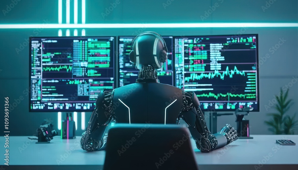 Aufkleber A futuristic robot wearing headphones, seated at a desk in front of multiple computer monitors, analyzing data.