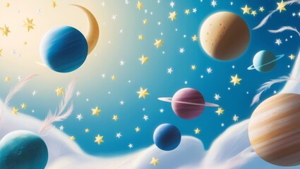 Naklejka premium An animated picture of the planets. Cartoon style, bright colors, planets with stars on a blue background. Children's style