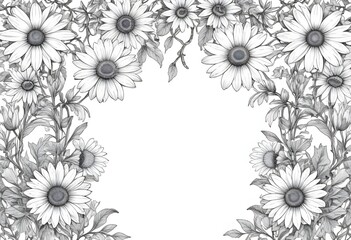 A floral border with pink outline drawings of peonies and ferns on a white background