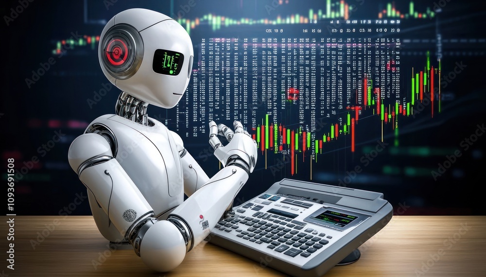 Poster A humanoid robot analyzing stock market data with a computer terminal