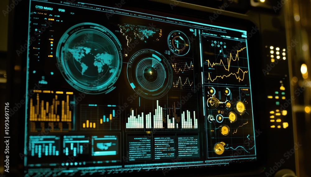 Aufkleber futuristic interface with world map, charts, and data displays