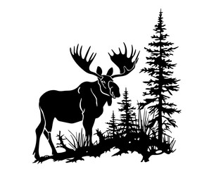 artistic depiction of moose with bold antlers, black and white linework