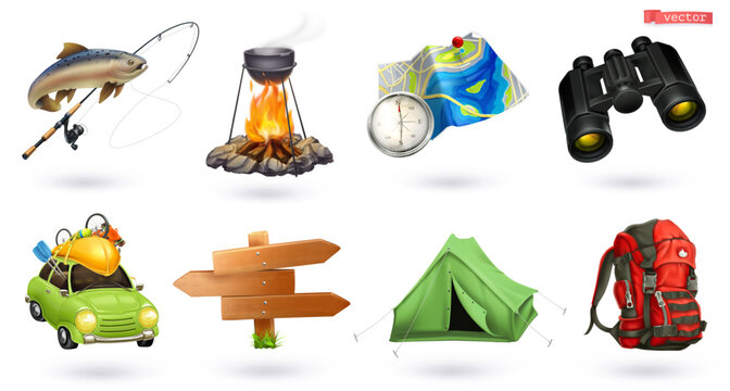 Tourist set icon 3d cartoon vector. Fishing rod and trout, fire, map and compass, binoculars, car, sign, tent, backpack