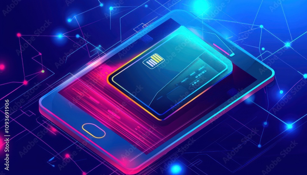 Aufkleber A Smartphone with a Credit Card Embedded in its Screen on a Blue Background with Glowing Lines