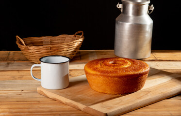 Orange cake, a beautiful sunny breakfast table and delicious Orange cake, selective focus.