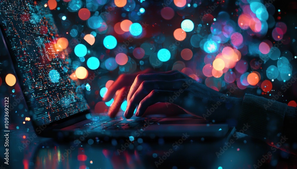 Poster hands typing on a laptop with colorful bokeh lights