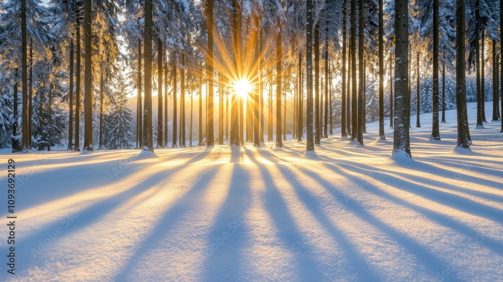 Poster sunbeams shining through snow-covered trees in a winter forest