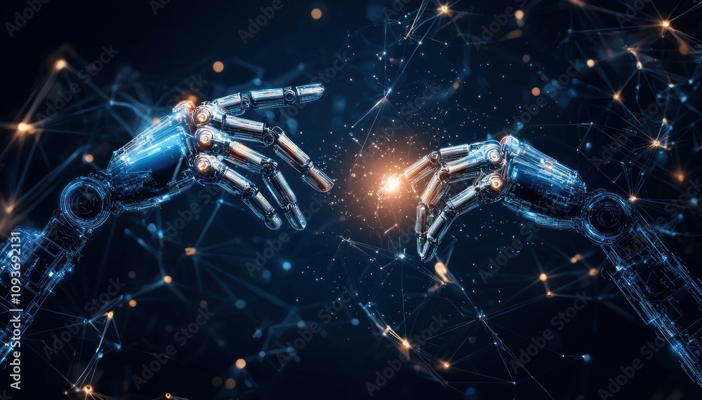 Poster two metallic robot hands reaching towards each other amidst a network of lights