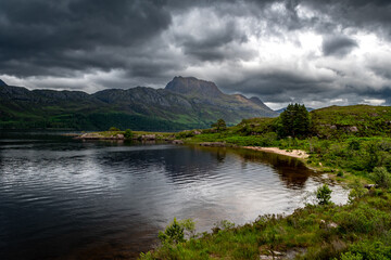 View Over Lake Loch Maree Near Talladale To Mountain Slioch In The Highlands Of Scotland, UK