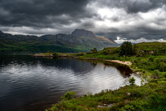 View Over Lake Loch Maree Near Talladale To Mountain Slioch In The Highlands Of Scotland, UK