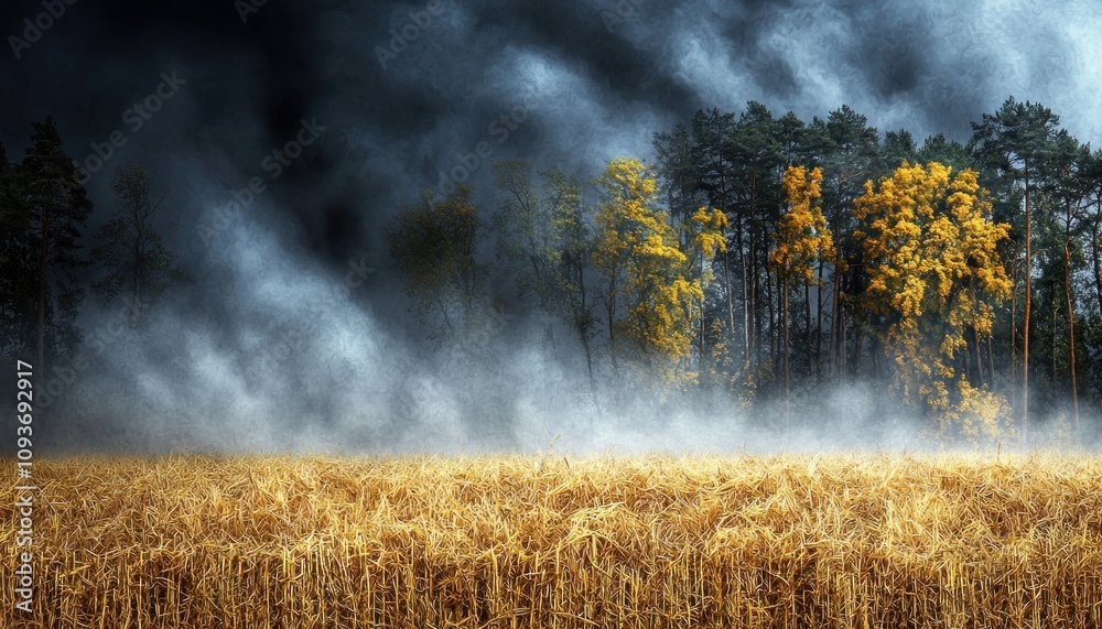 Poster a misty forest edge with golden grass and trees