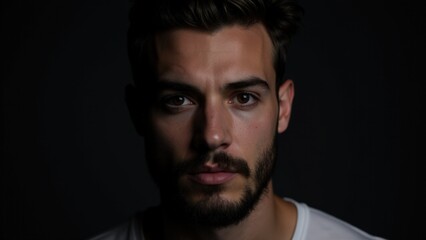 Obraz premium A dramatic shot of a man with defined small beard styles, with lighting focusing on the sharpness of his facial features.