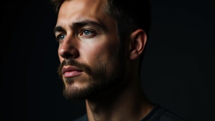 Obraz premium A close-up of a man showcasing stylish small beard styles, the soft lighting highlighting the elegance of his look.