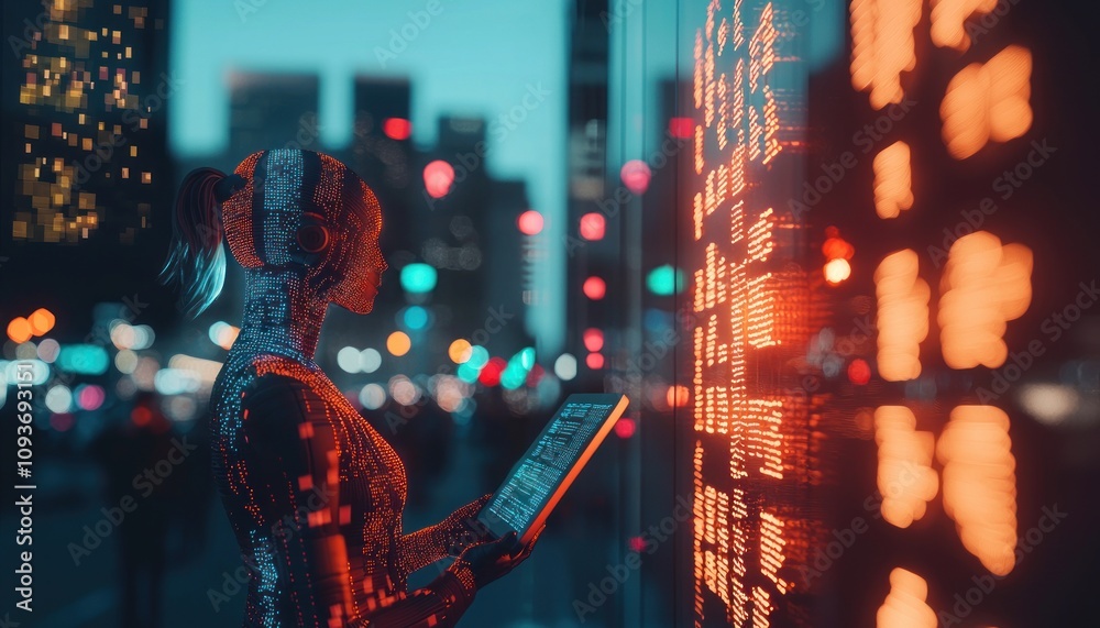 Poster Digital Humanoid Figure Observing Data Stream in Urban Setting