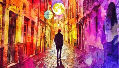Fototapeta premium A solitary figure walks through a narrow, cobblestone street under a full moon.