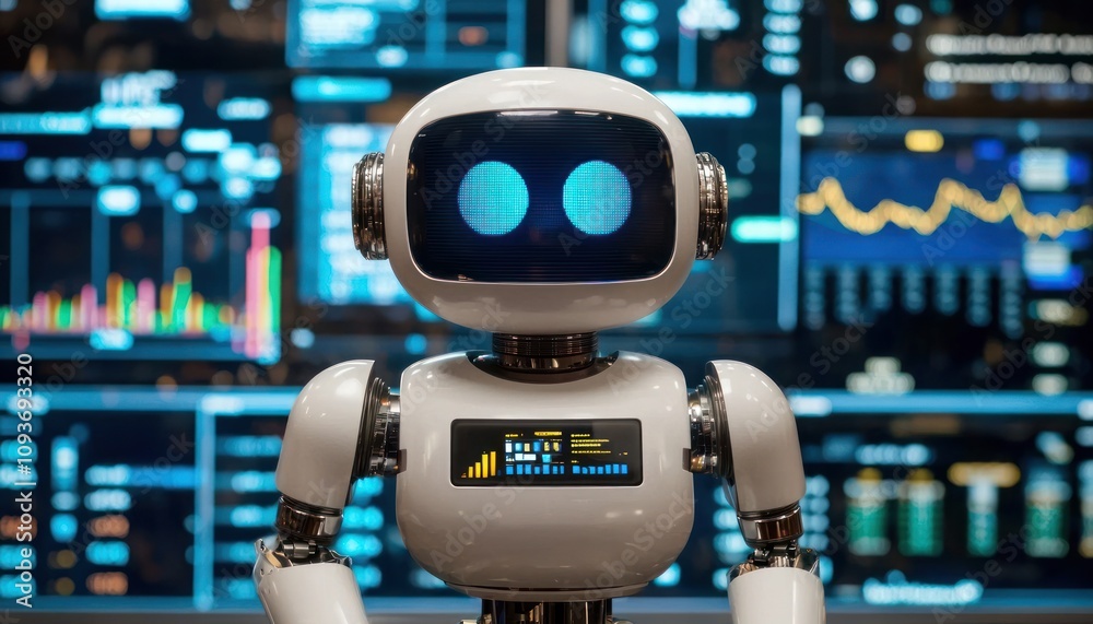 Aufkleber white robot with blue eyes in front of a data screen