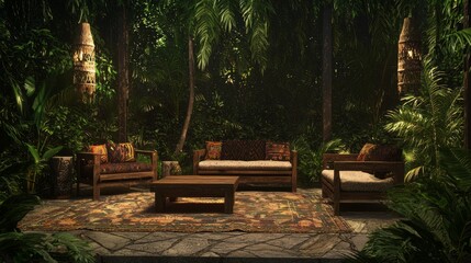 Obraz premium Modern-Tribal Outdoor Patio Oasis with Handmade Wooden Furniture and Lush Greenery | Ultra-Detailed 3D Render Illustration
