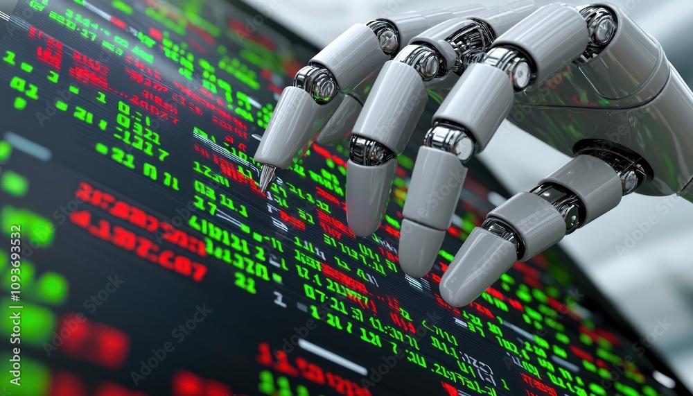 Aufkleber robotic hand interacting with a stock market display