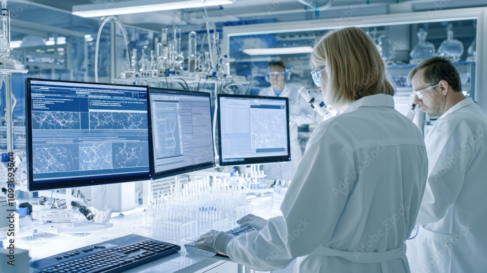 Poster scientist working on computer in a laboratory setting