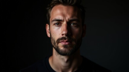Fototapeta premium A sharp, sophisticated image of a man showing off small beard styles, lit dramatically to enhance his facial details.