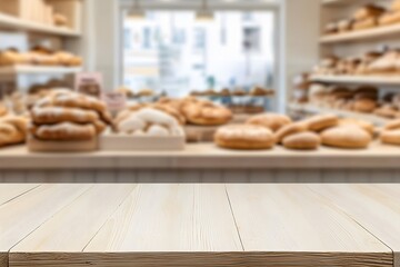 Blurred background of a bakery with a focus on an empty wooden table, ready to display fresh bread, pastries, or desserts, evoking a warm and inviting atmosphere