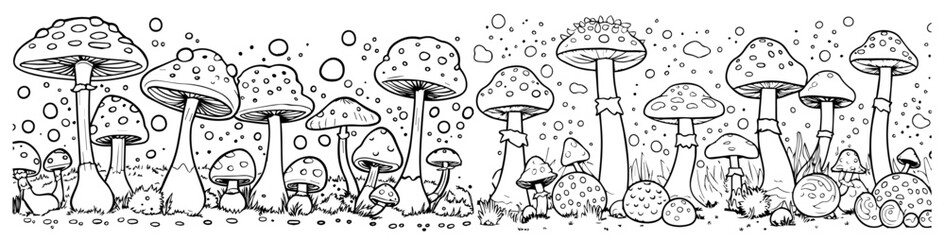 artistic sketch of mushroom forest with playful details – black vector