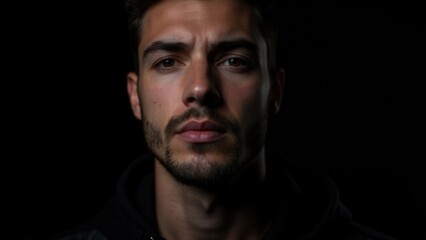 Obraz premium A close-up of a man with refined small beard styles, captured under soft, dramatic lighting that enhances his features.