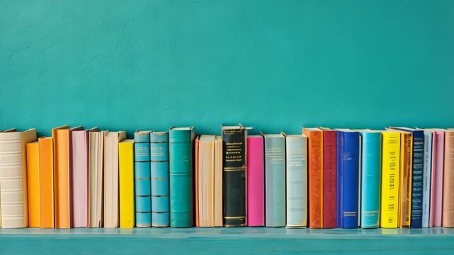 Colorful collection of books arranged neatly on a teal shelf in a cozy reading nook