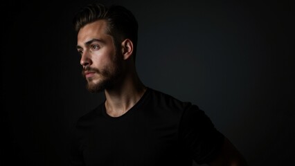 Fototapeta premium A dramatic close-up showcasing a man’s small beard styles, illuminated with soft, flattering lighting.