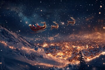 Reindeer and Santa’s sleigh flying across a starry night sky over a snowy town below